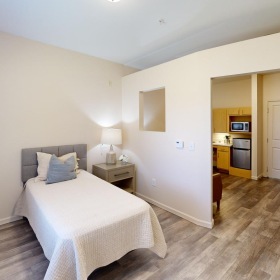 a bedroom with a bed and a desk